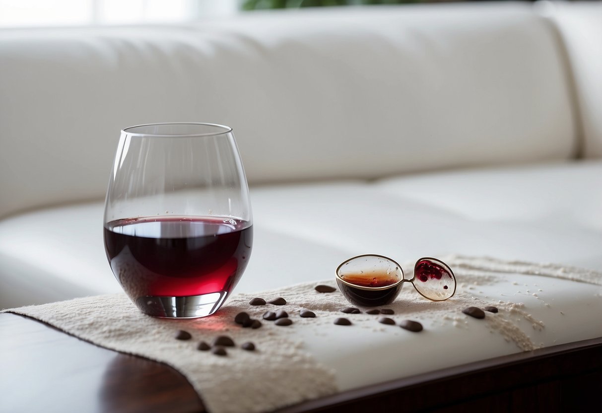 A spilled glass of red wine on a white couch, a muddy paw print on a white rug, and a coffee stain on a white chair