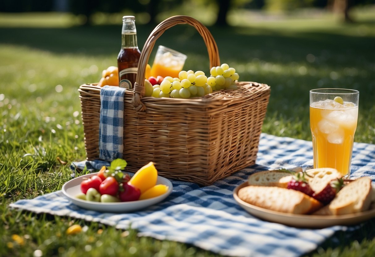 A picnic blanket laid out in a grassy park, surrounded by colorful food and drinks. A small basket with a checkered cloth and a cooler nearby. Sunny blue skies and a few fluffy white clouds overhead