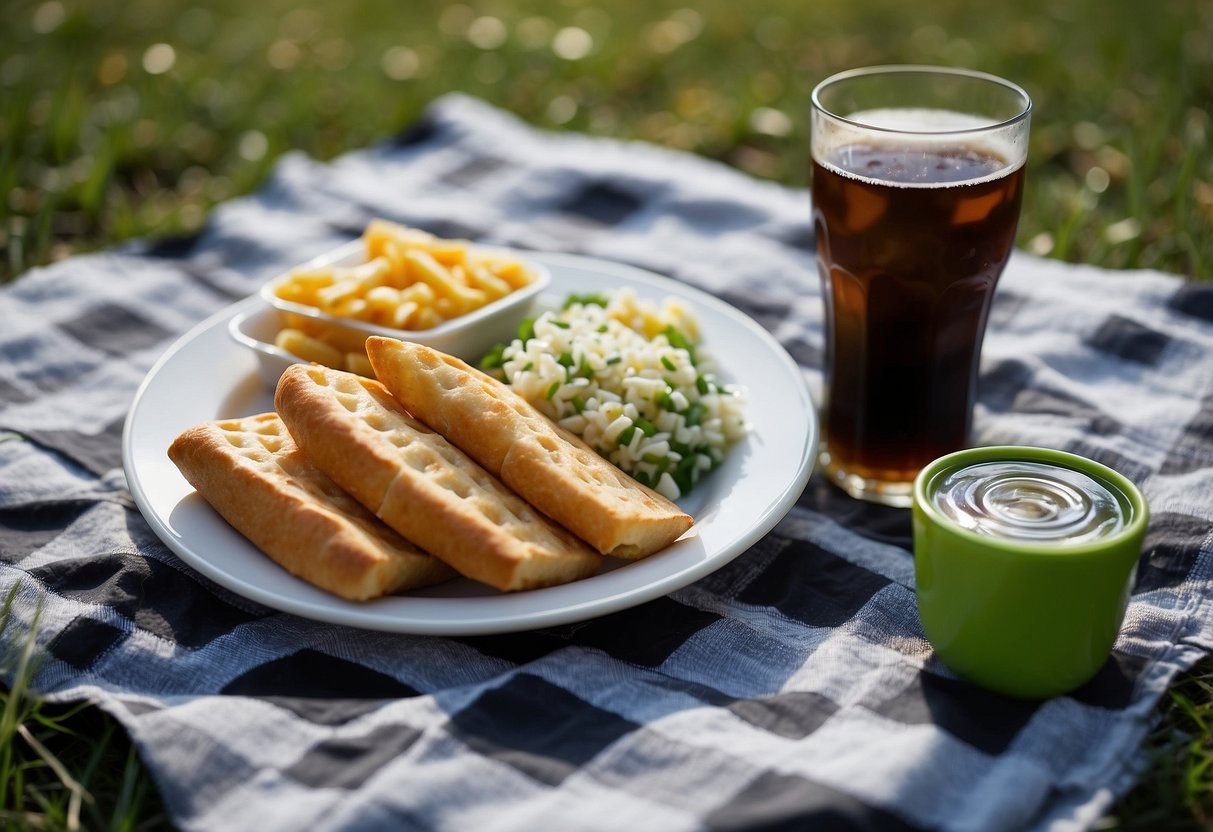 A checkered picnic blanket spread on green grass, surrounded by scattered food wrappers, empty plates, and spilled drinks. Trash bag and gloves nearby