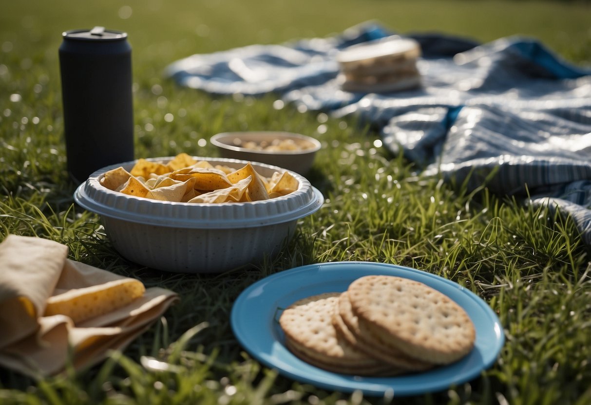 A picnic blanket spread on grass with scattered food wrappers, empty containers, and discarded paper plates. A nearby trash bag overflowing with waste