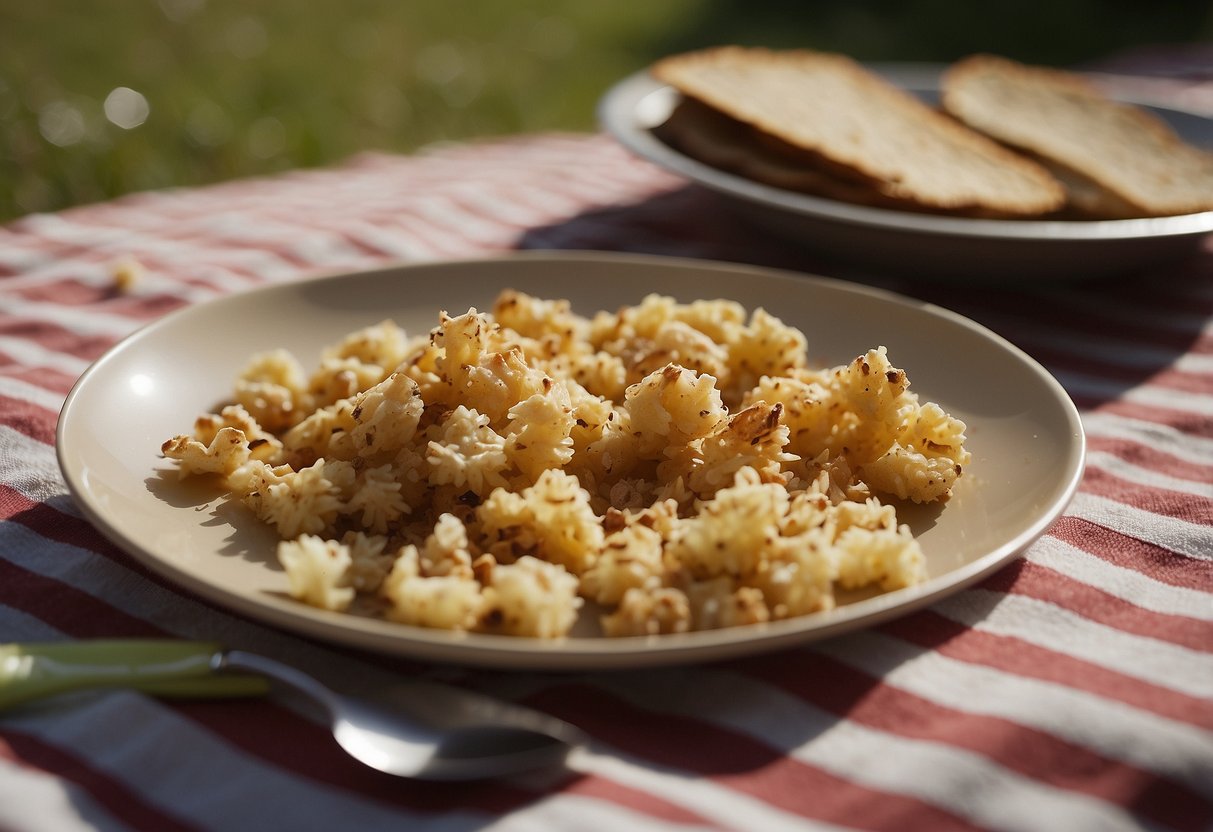 Leftover food scattered on a picnic blanket. Crumbs and spills on the ground. Empty plates and utensils in need of cleaning