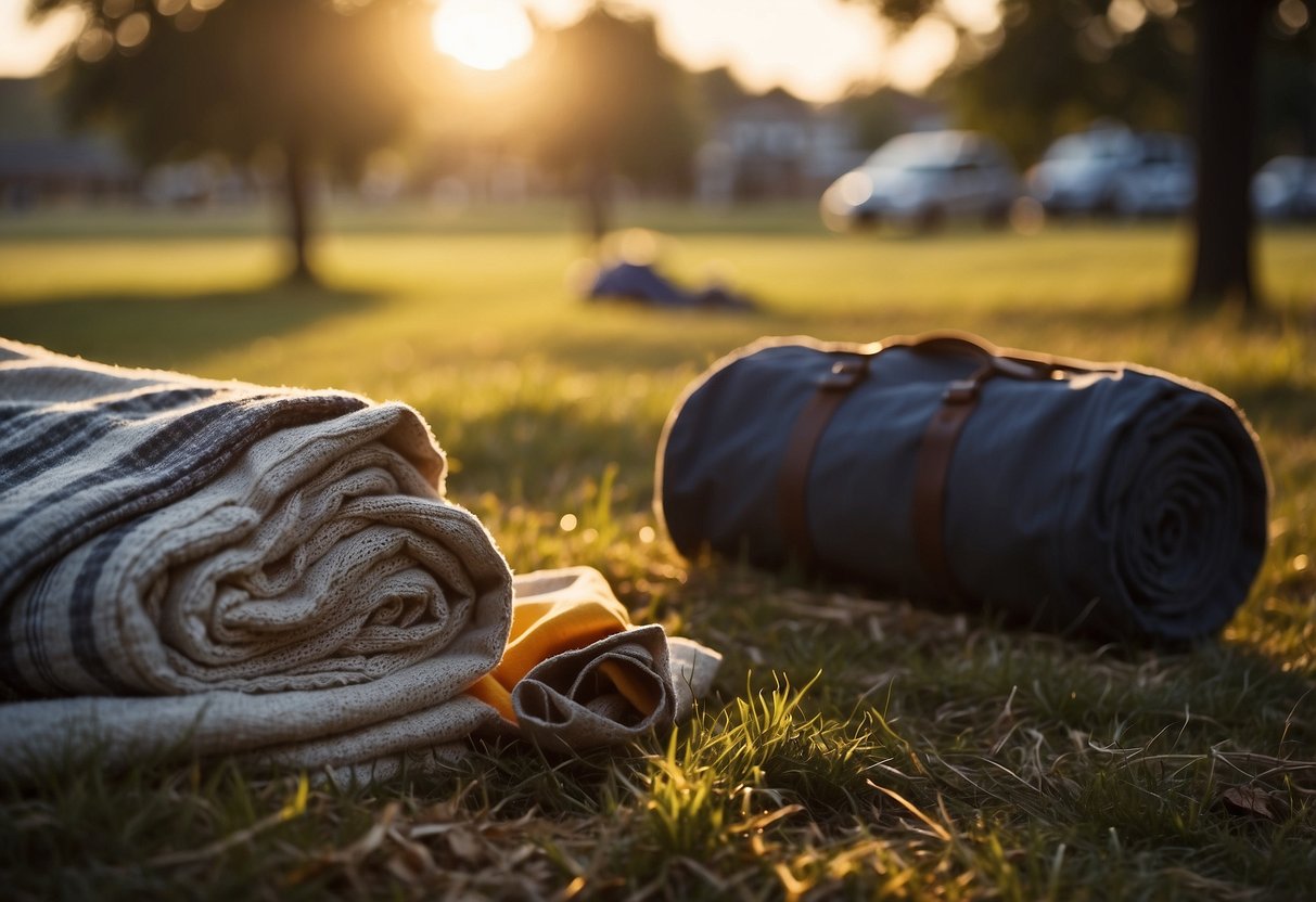 Blankets neatly folded, picnic remnants gathered, trash bag ready for disposal. Sun setting in the background, creating a warm glow over the scene