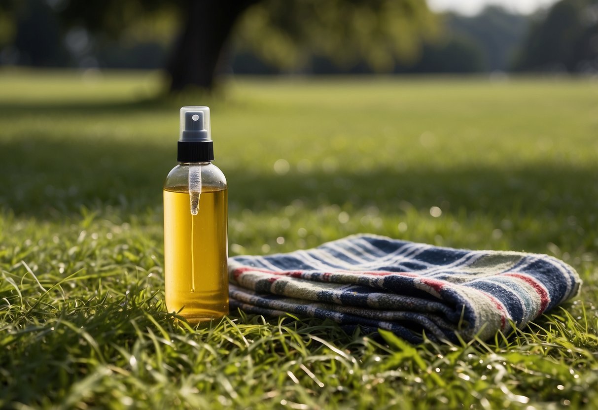 A picnic blanket spread out on lush green grass, with scattered crumbs and food remnants. A bottle of disinfectant spray and a cloth nearby, ready to sanitize the surfaces