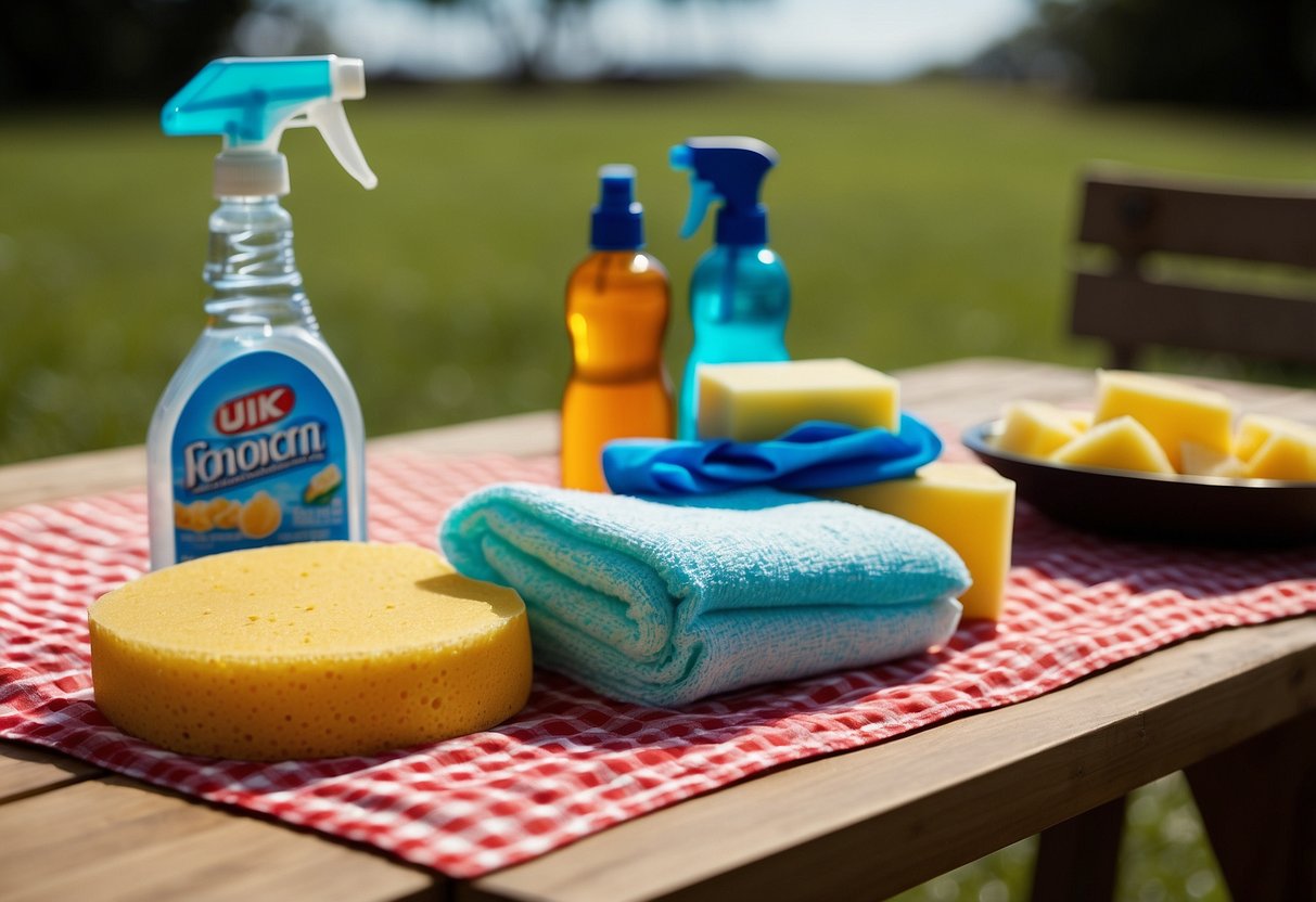 A table with cleaning supplies neatly arranged, including a spray bottle, sponges, and trash bags. A picnic blanket and leftover food in the background