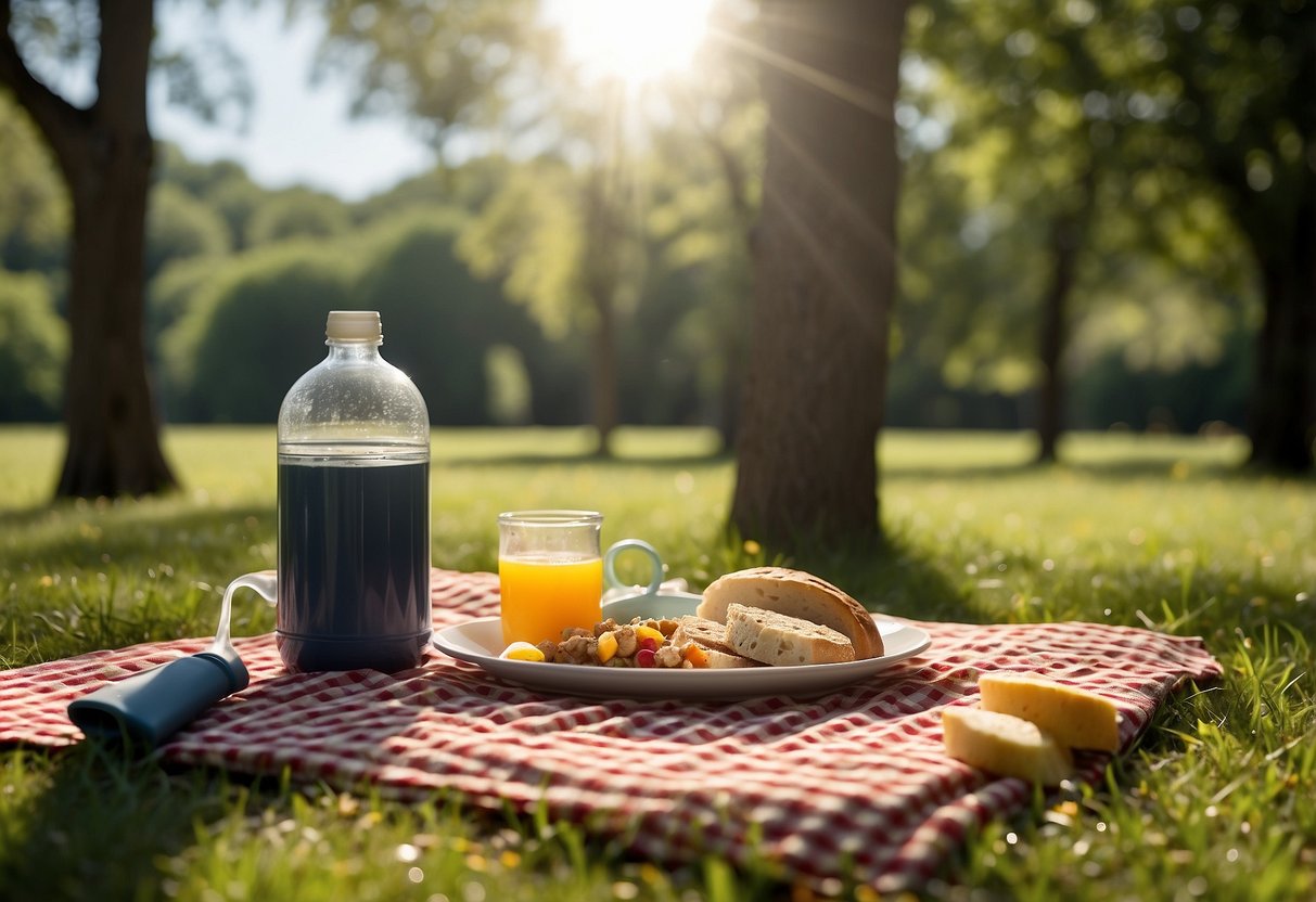 A picnic blanket spread on grass, with scattered food crumbs and empty plates. A broom and dustpan nearby, ready for cleaning. Sunlight filters through the trees