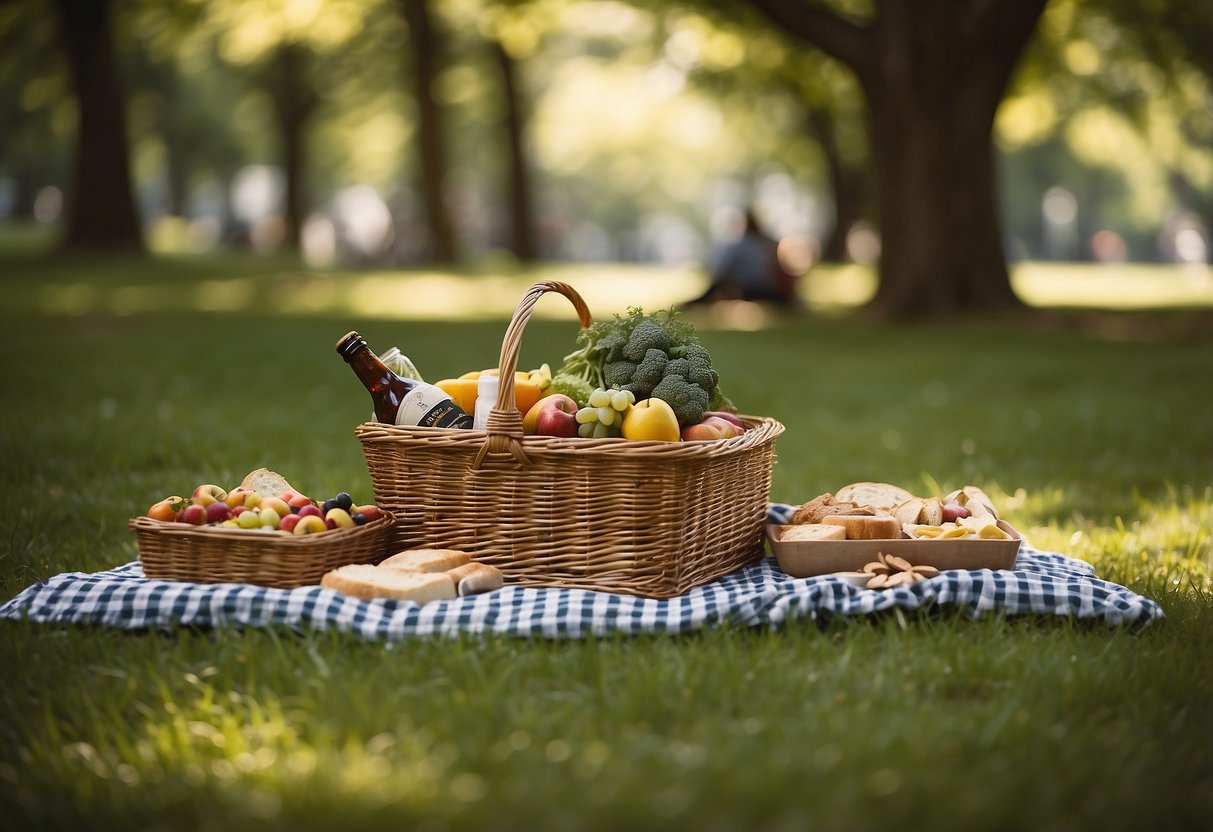 A sunny park with a checkered blanket spread out, surrounded by lush greenery. Five different picnic baskets are neatly arranged, each filled with delicious food and drinks for various occasions