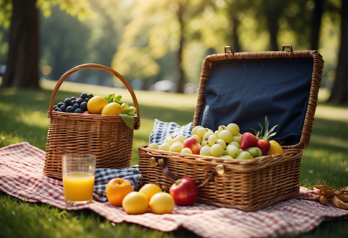 A sunny day at the park, with a colorful picnic basket filled with delicious food and drinks, surrounded by a checkered blanket and lush greenery