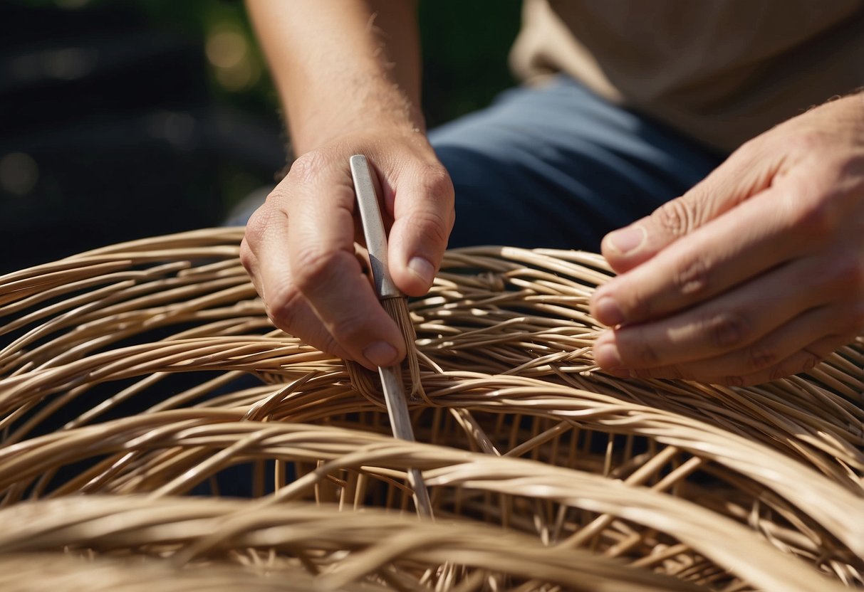 A person is using a small brush to apply wood glue to a broken wicker chair. They carefully weave new wicker strands into the damaged area, creating a seamless repair