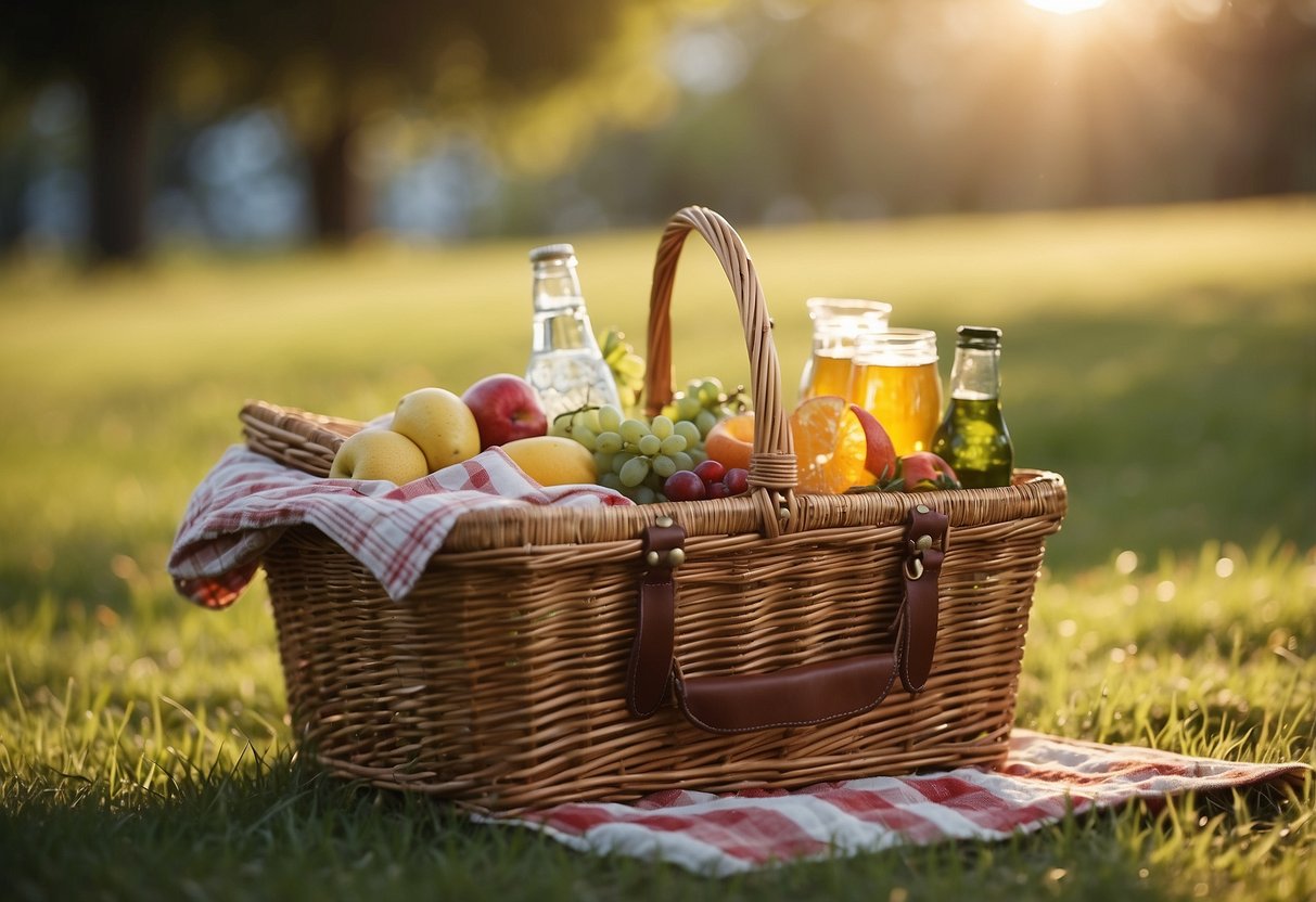 A picnic basket sits on a grassy field, open and filled with food and drinks. The sun shines down, casting a warm glow on the scene