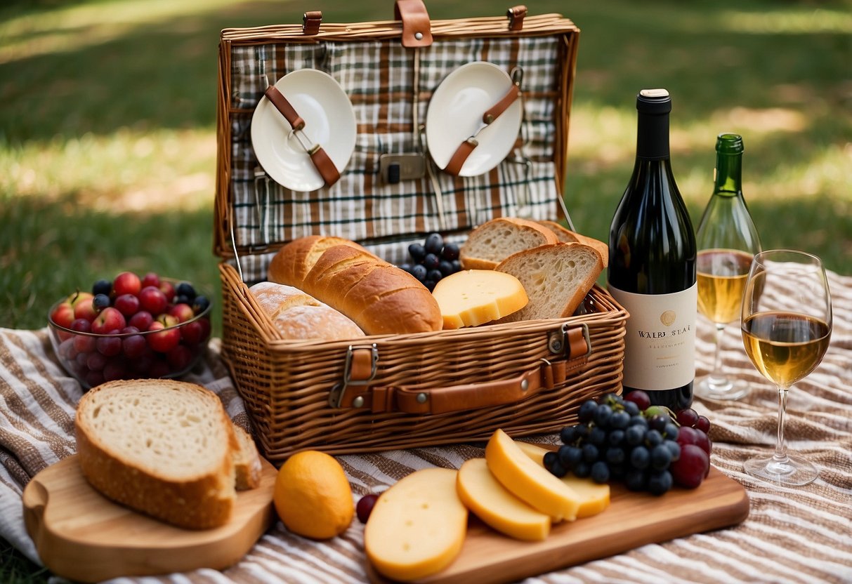 A wicker picnic basket sits open on a checkered blanket, surrounded by a loaf of bread, cheese, fruit, and a bottle of wine