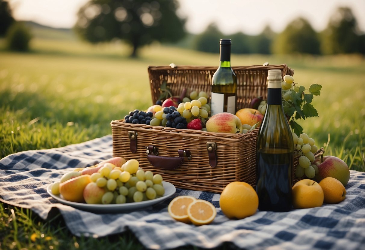 A vintage willow picnic basket sits open on a checkered blanket, surrounded by fresh fruit, sandwiches, and a bottle of wine. A sunny, grassy field provides the backdrop for this idyllic scene