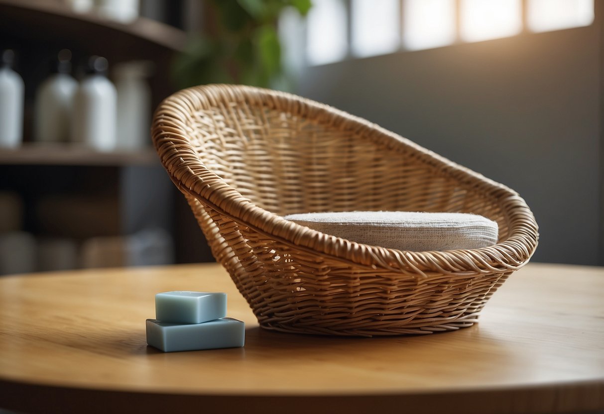 A wicker chair with broken strands, a small container of glue, and a roll of replacement wicker material on a clean, well-lit work surface