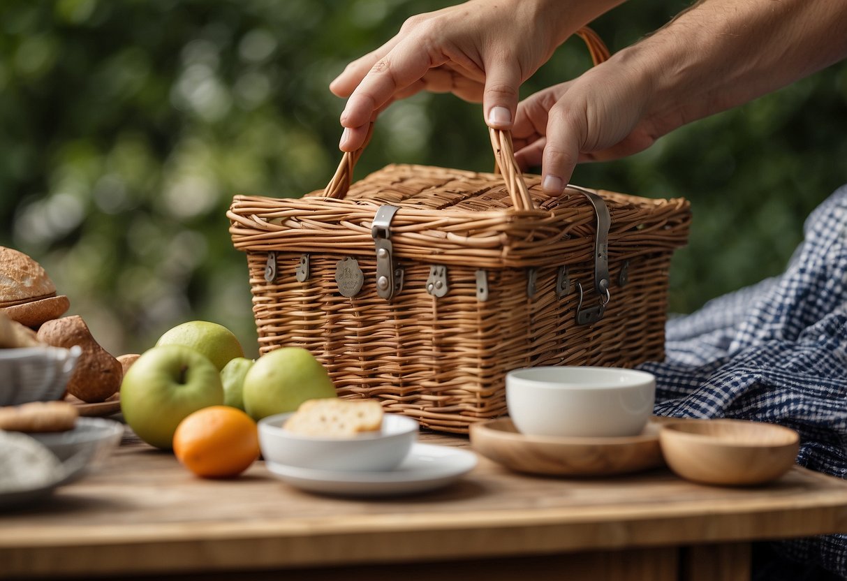 A hand reaches for a wicker picnic basket on a shelf, surrounded by various other picnic supplies and accessories. The basket is adorned with a checkered cloth and a handle for easy carrying