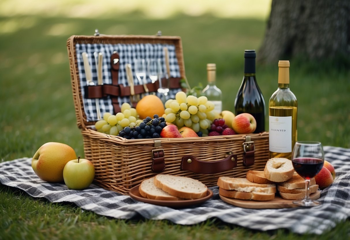 A picnic basket filled with a checkered blanket, sandwiches, fruit, a bottle of wine, and a bouquet of flowers on a grassy field