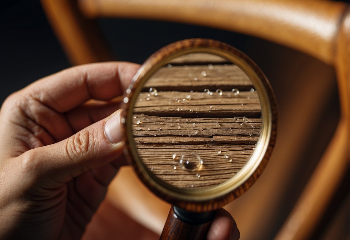 A person using a magnifying glass to inspect the grain and texture of a wooden chair