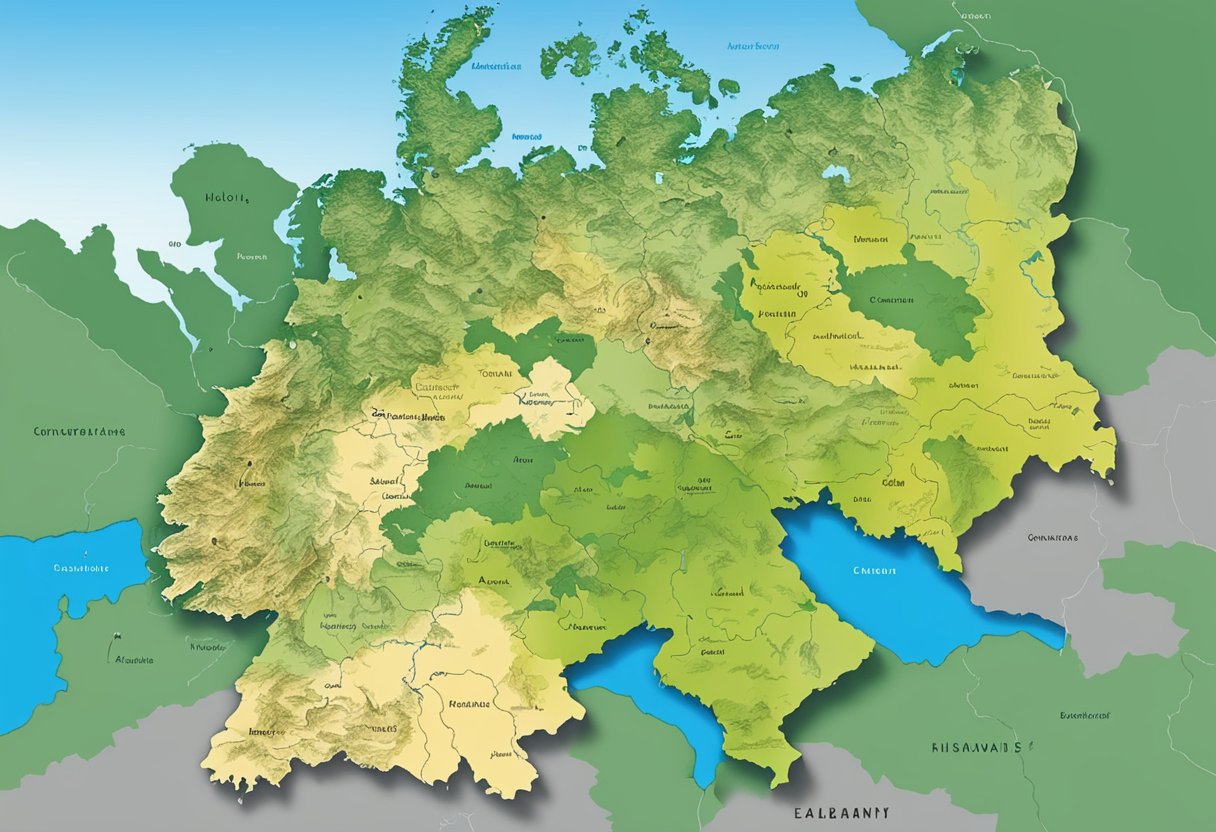 A map of Germany with labeled lakes, surrounded by mountains and forests