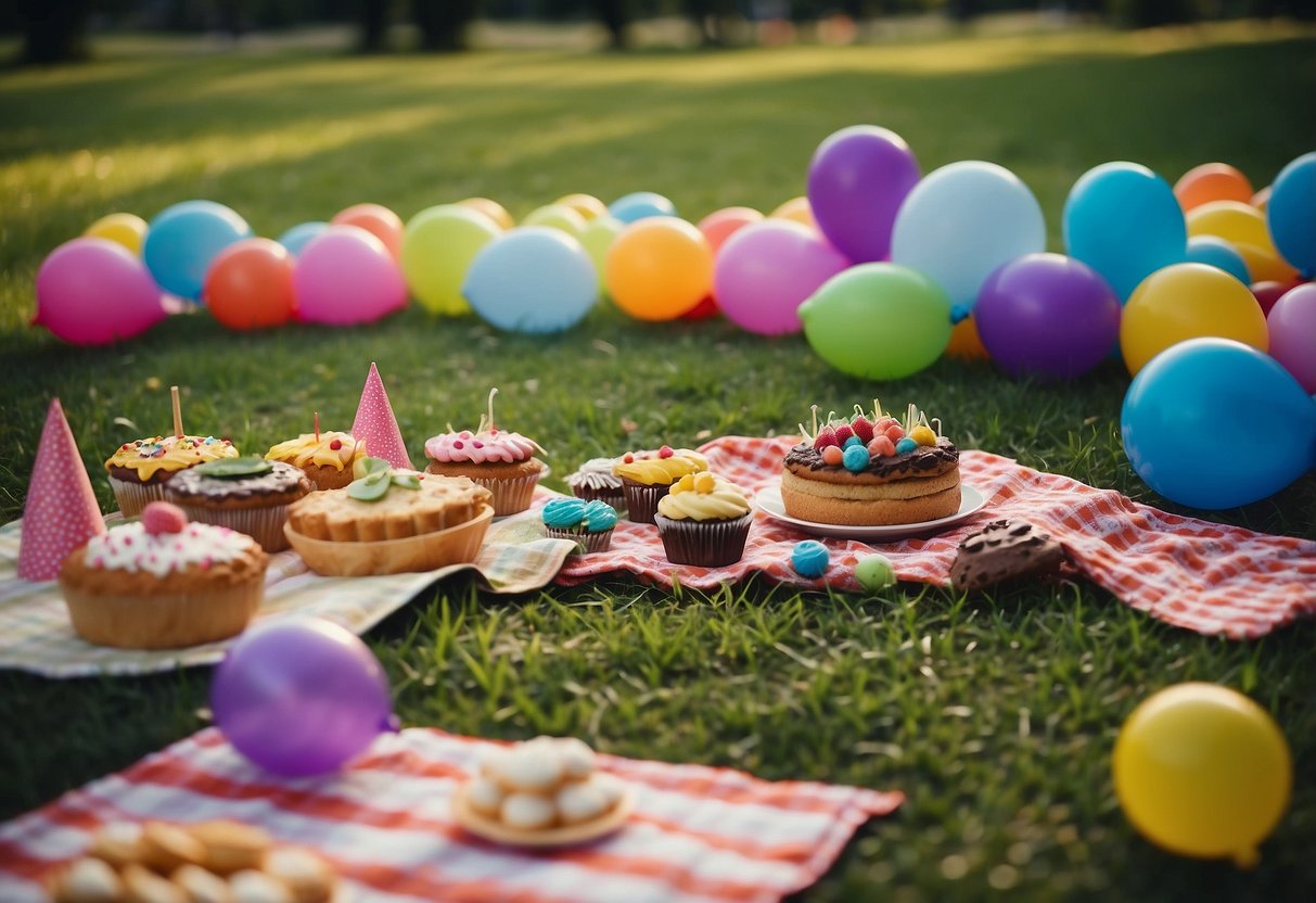 A colorful picnic blanket spread out on green grass, surrounded by balloons, cupcakes, and sandwiches. A small table with a birthday cake and party hats. Children playing games and laughing in the background