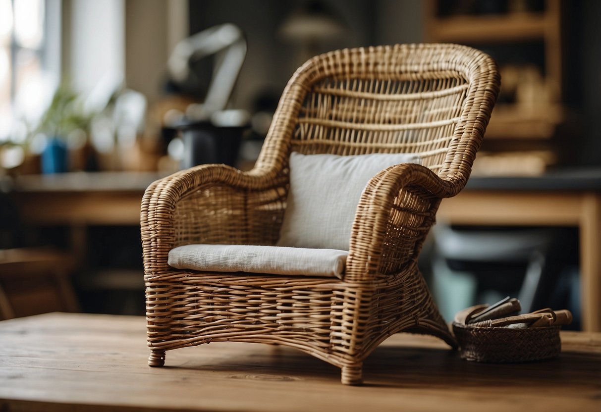 A wicker chair sits on a workbench, with a broken section of woven material. Tools and repair materials are laid out nearby