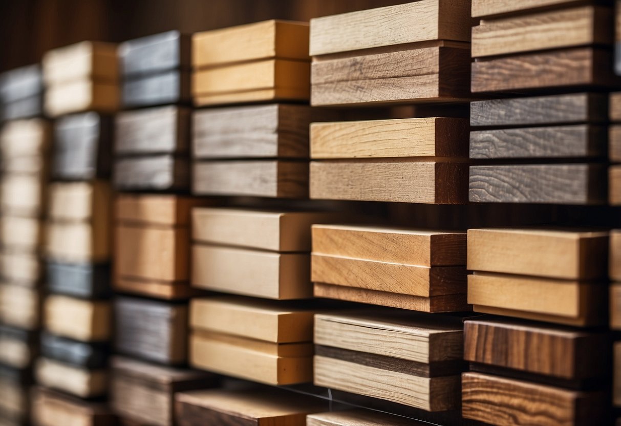 A variety of wood samples displayed with labeled characteristics for furniture illustration