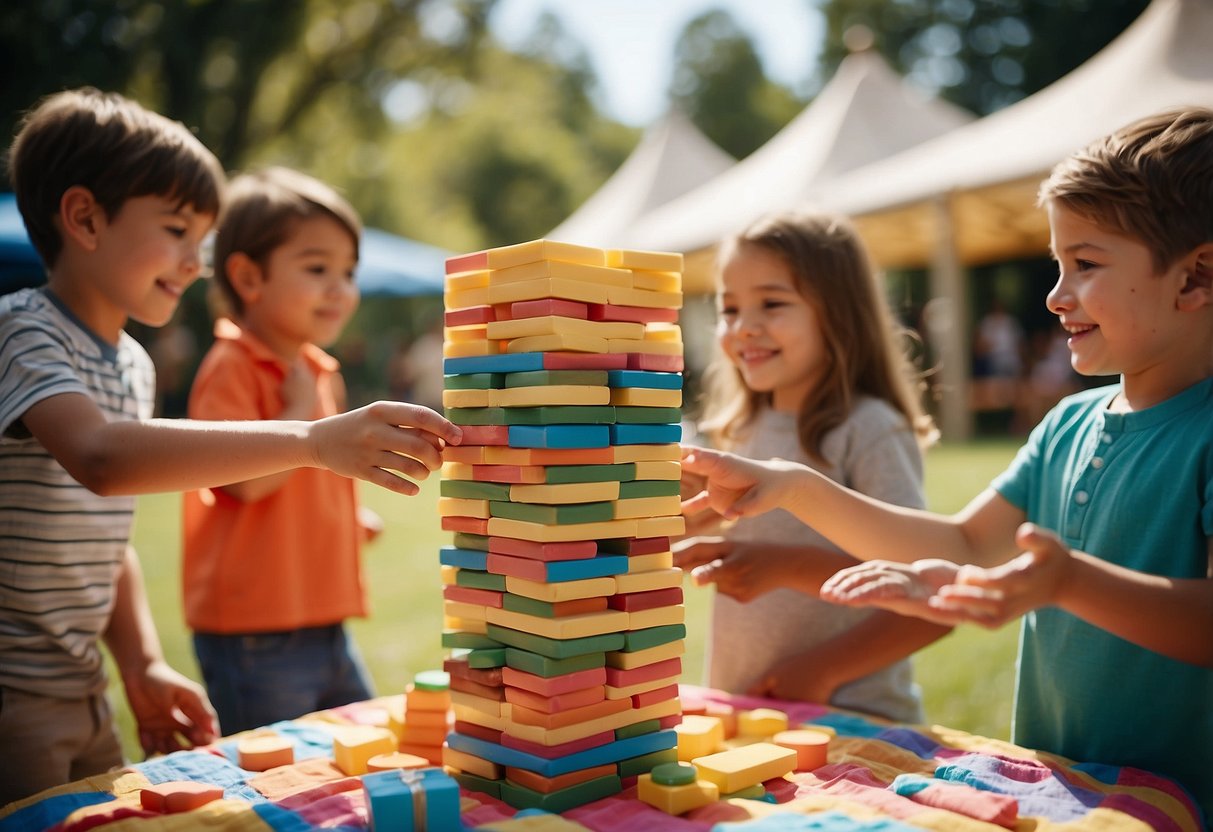 A group of children play a game of giant Jenga at a colorful outdoor birthday party, surrounded by picnic blankets and festive decorations