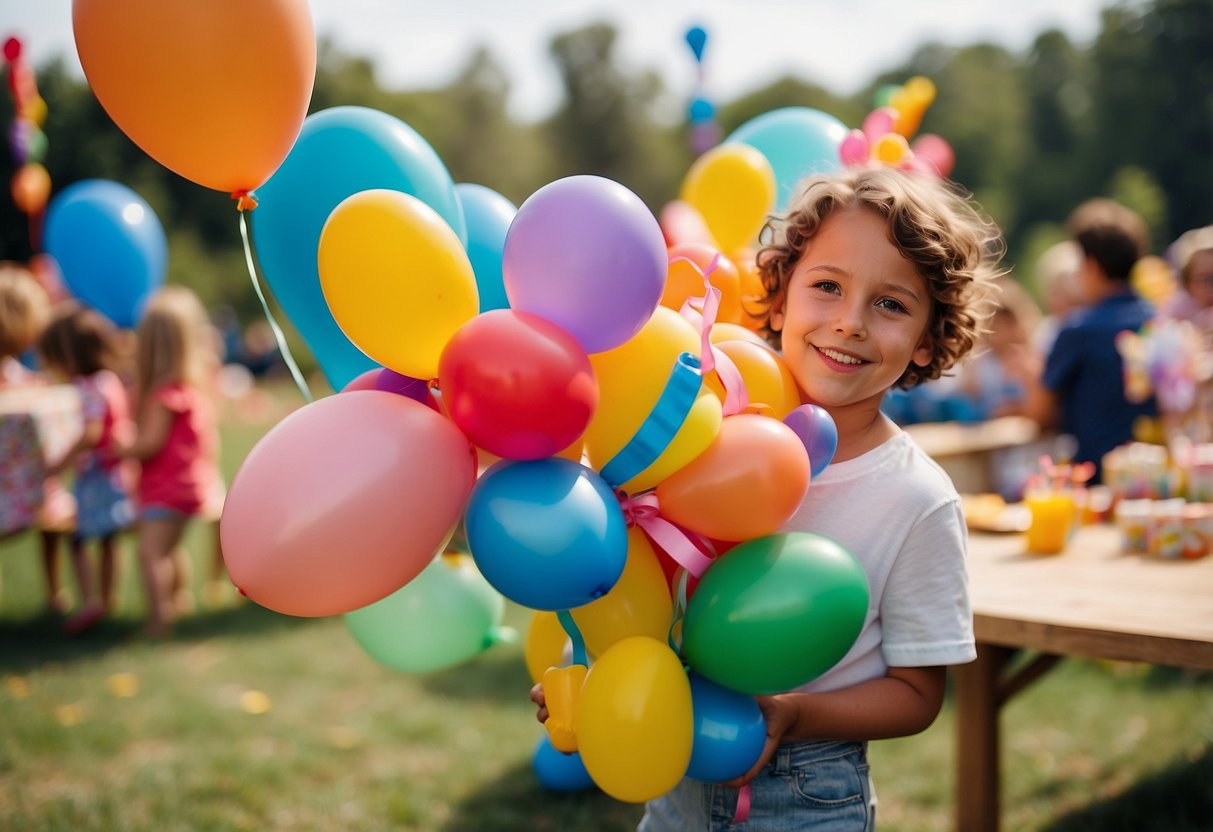 A colorful balloon animal artist creates whimsical sculptures at a lively kid's birthday party picnic