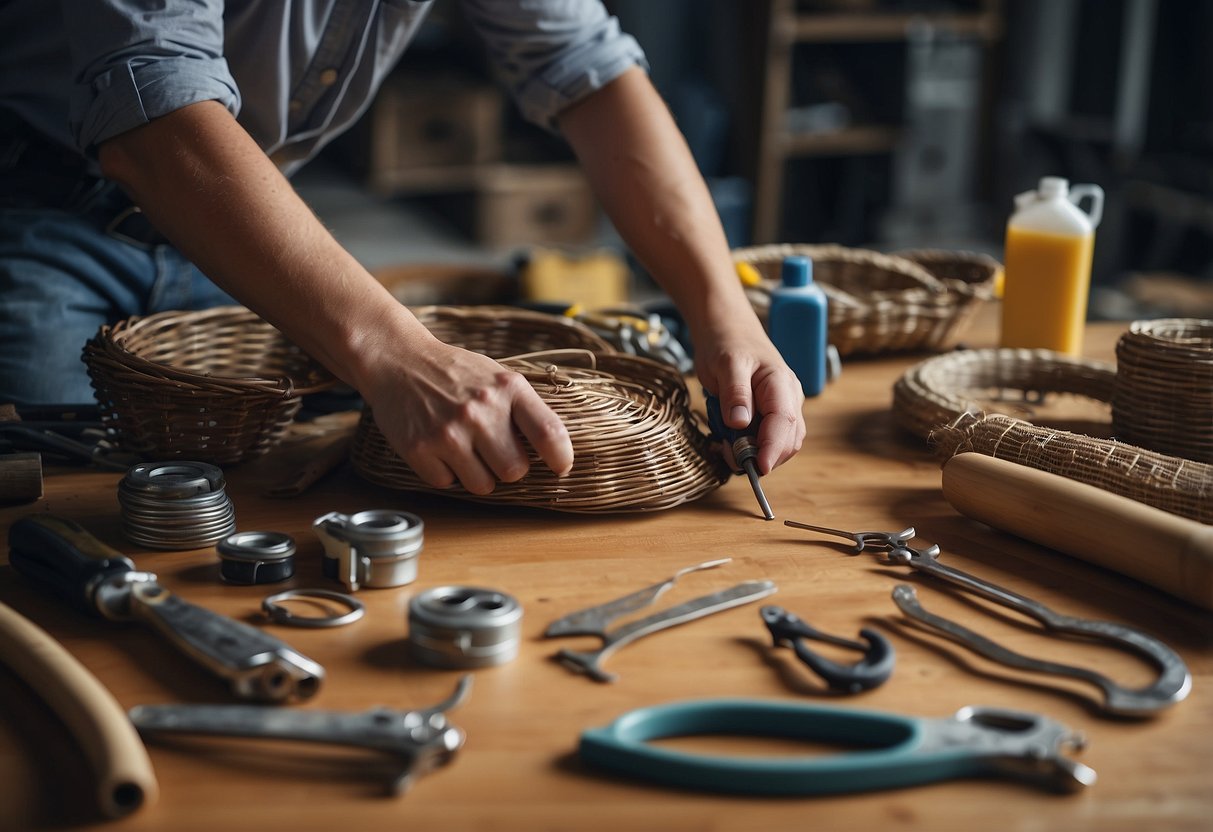 A person repairing wicker furniture with tools and materials spread out on a work surface