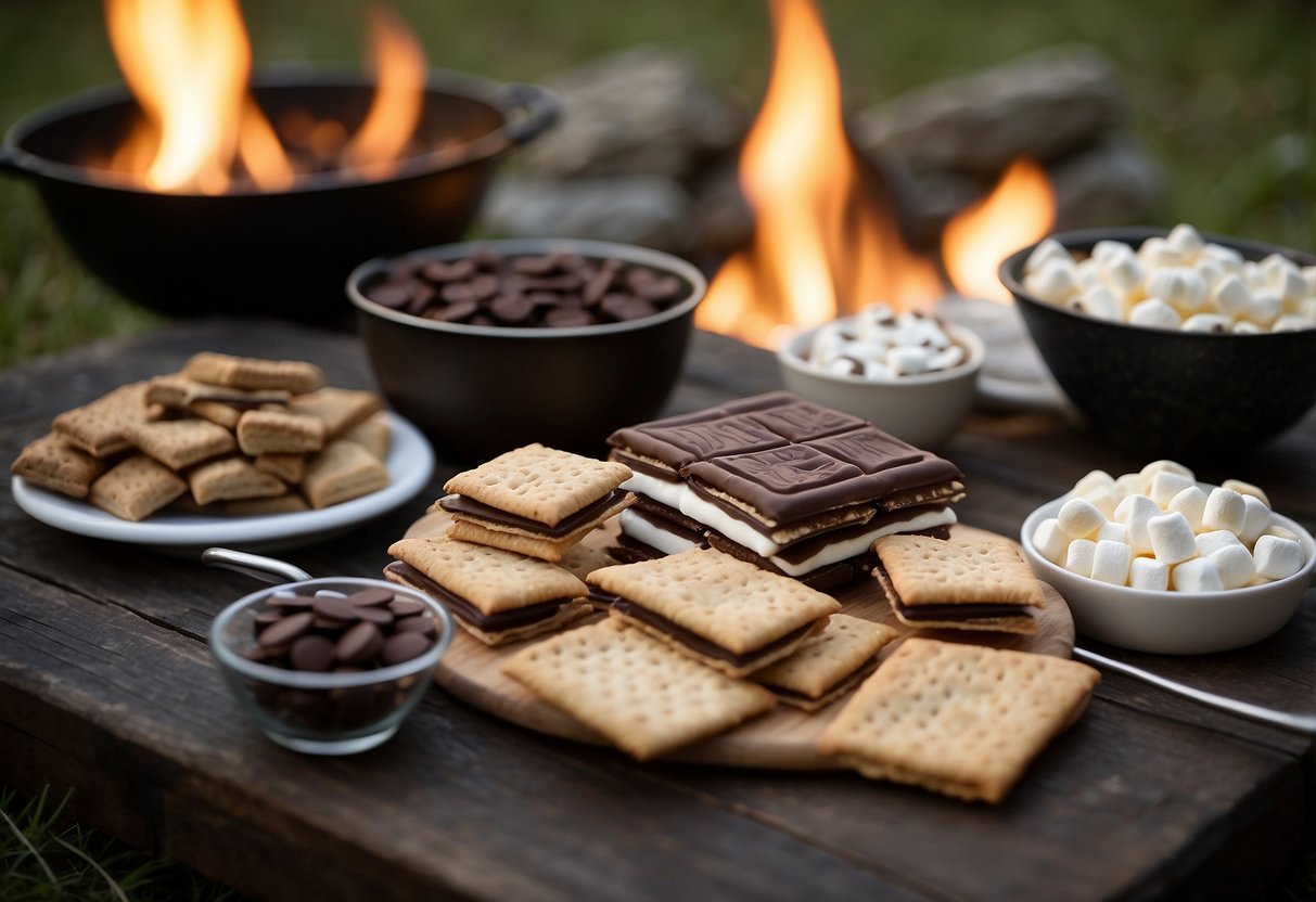 A table with a variety of s'mores ingredients: graham crackers, marshmallows, chocolate bars, and skewers. A small campfire or portable grill nearby. Outdoor setting with picnic blankets and kids playing in the background