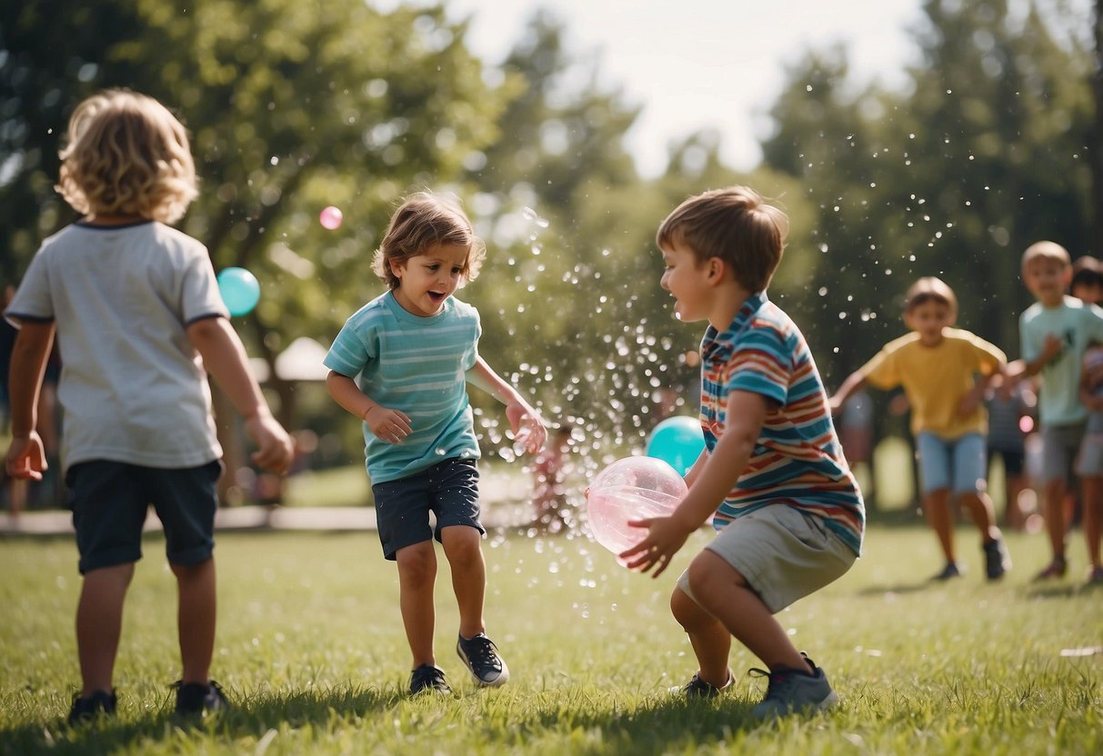 Kids throwing water balloons at each other in a park with picnic tables and colorful decorations