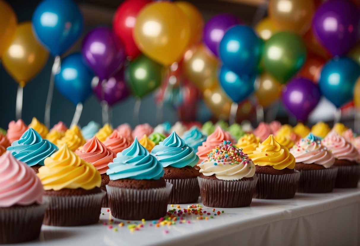 A table filled with colorful frosting, sprinkles, and edible decorations. Cupcakes lined up ready to be decorated. A banner above reads "Cupcake Decoration Station."