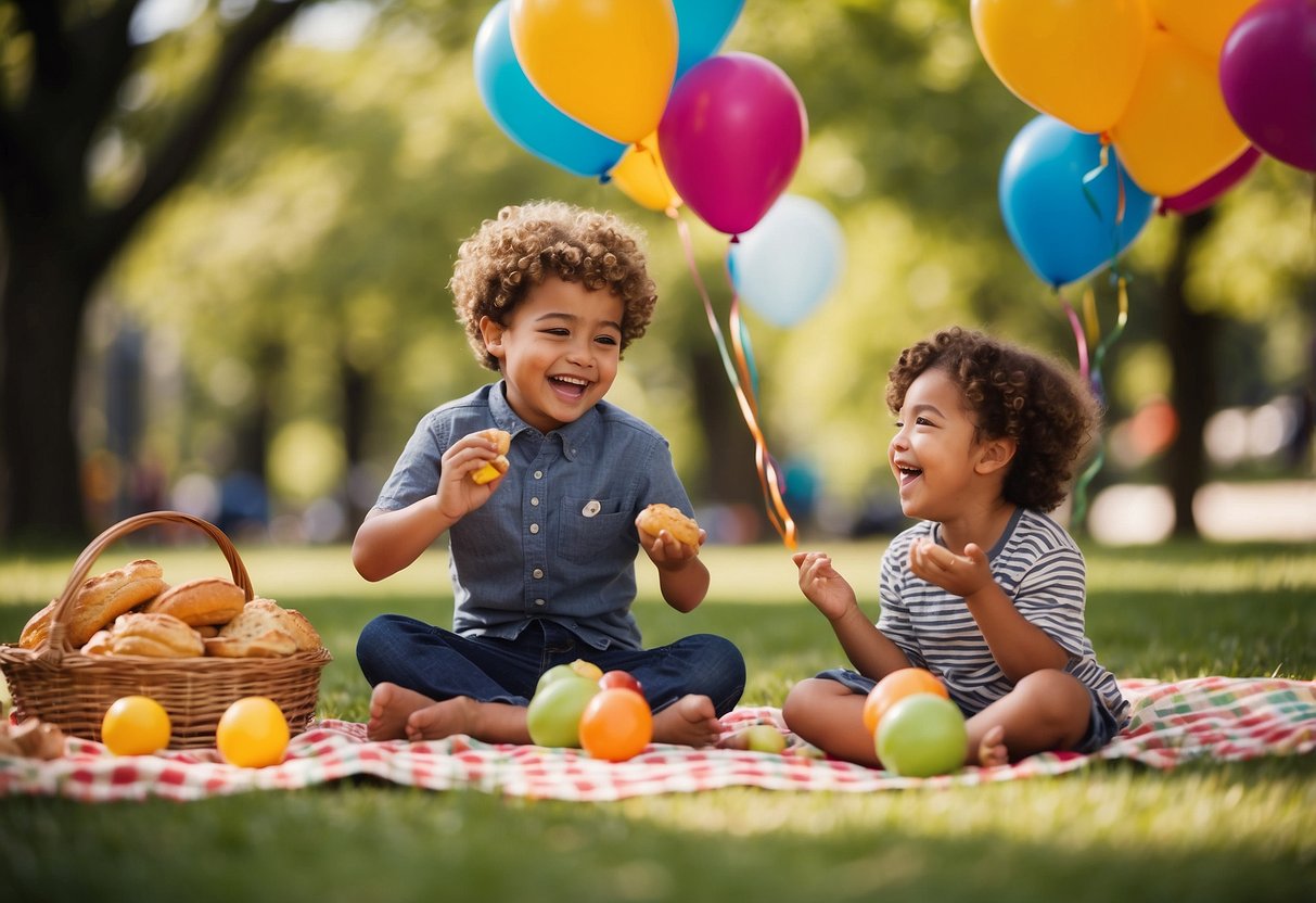 Children laughing and playing in a sunny park, surrounded by colorful picnic blankets and baskets filled with sandwiches, fruit, and cupcakes. Balloons and streamers add to the festive atmosphere