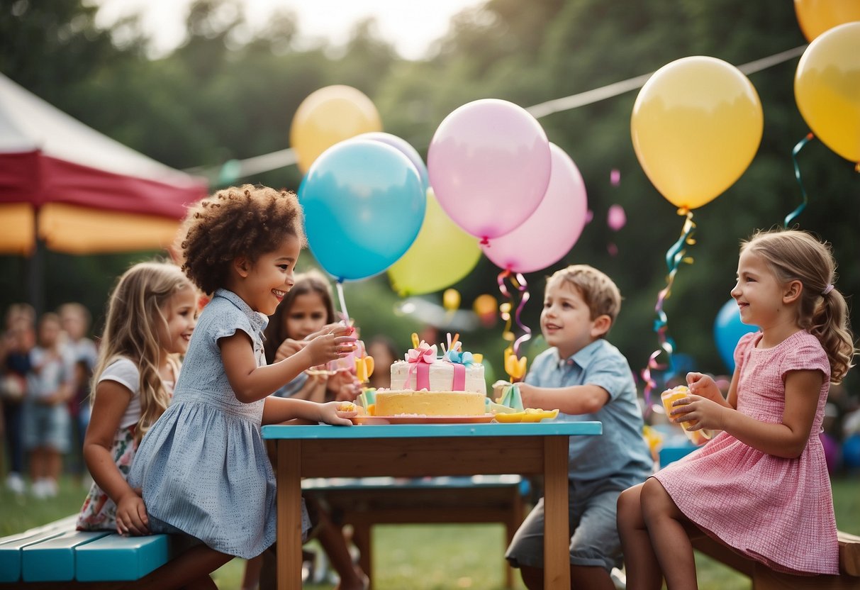 Children play in a colorful outdoor area with bubble machines and picnic tables. Decorations include balloons and streamers. A cake and presents are set up for a birthday celebration