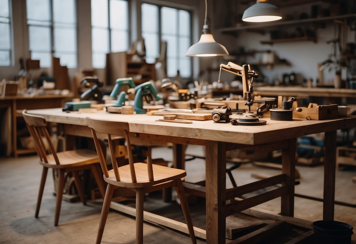 A well-lit workshop with various wood furniture pieces, tools, and a magnifying glass for close inspection