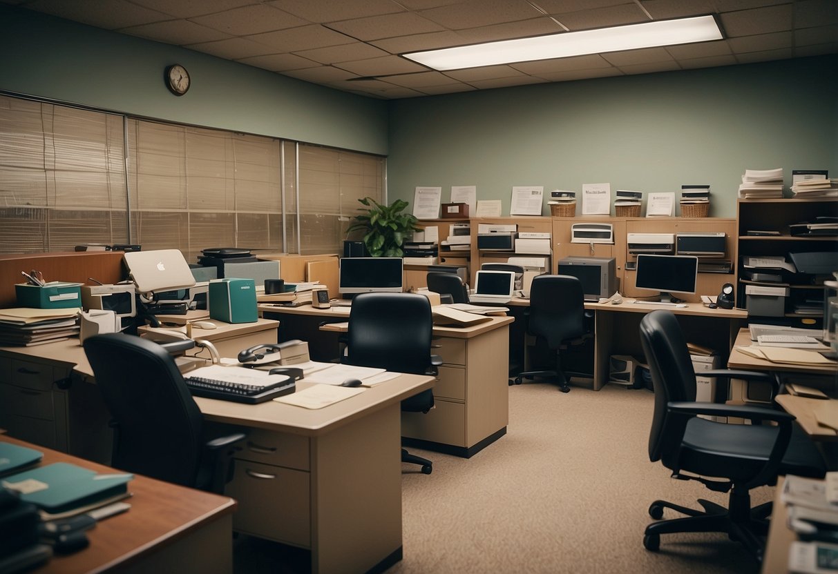 A cluttered office with worn-out chairs and desks. Faded walls and outdated decor. A sense of frugality and functionality