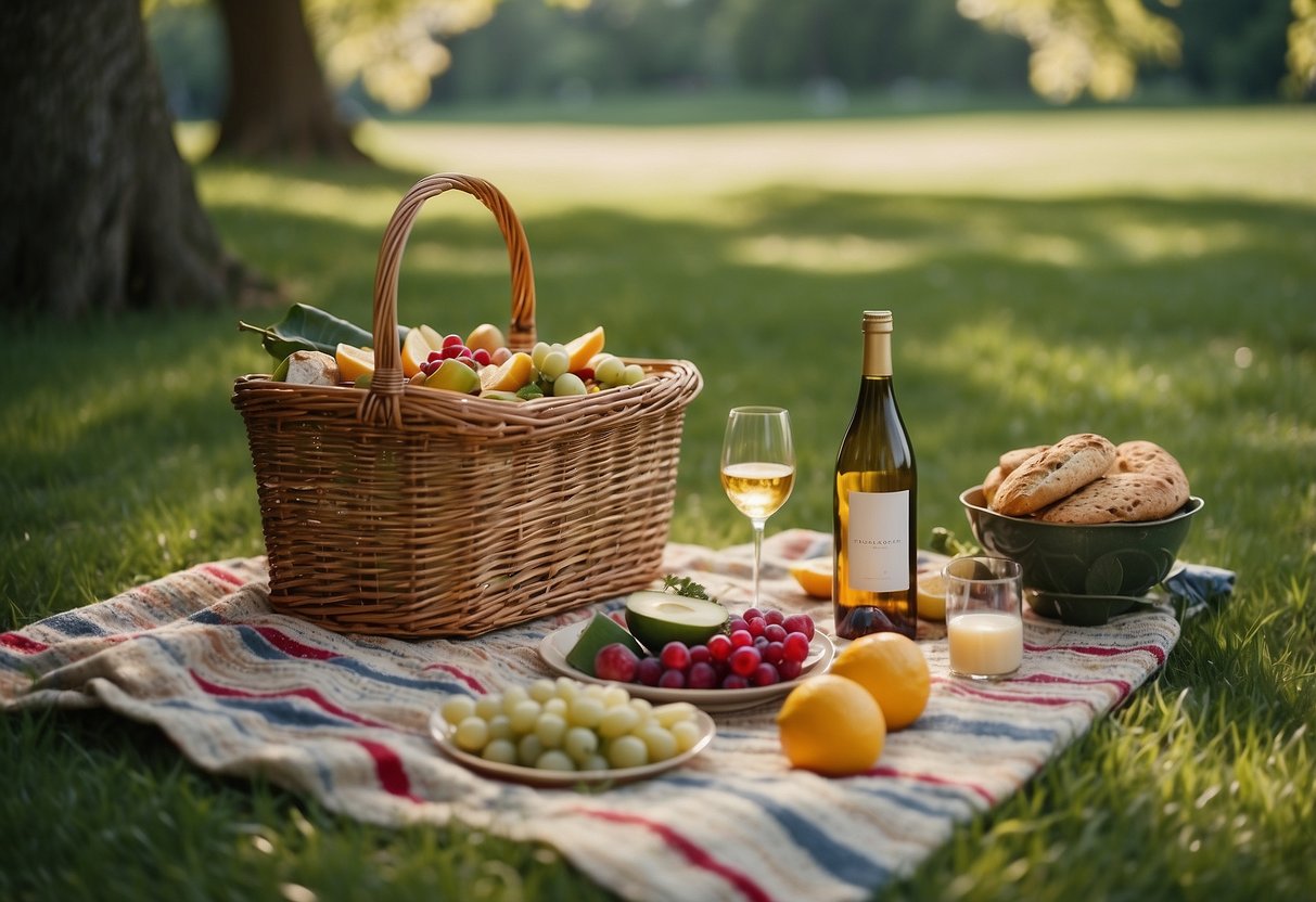 A colorful picnic blanket spread out on the lush green grass, surrounded by a wicker basket filled with delicious food, a bottle of wine, and a bouquet of fresh flowers. A gentle breeze rustles the leaves of the nearby trees as birds chirp