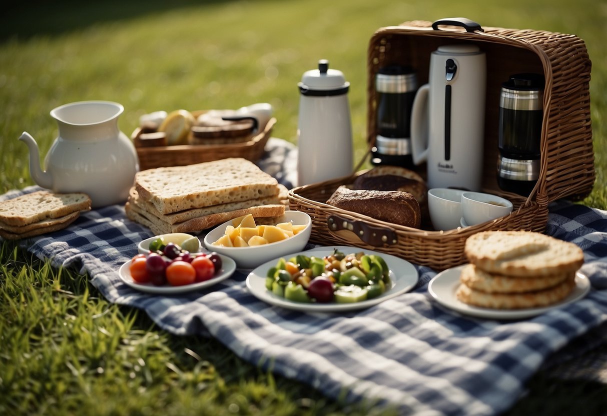 A checkered blanket spread out on green grass, surrounded by a wicker picnic basket, a thermos, and a spread of delicious food