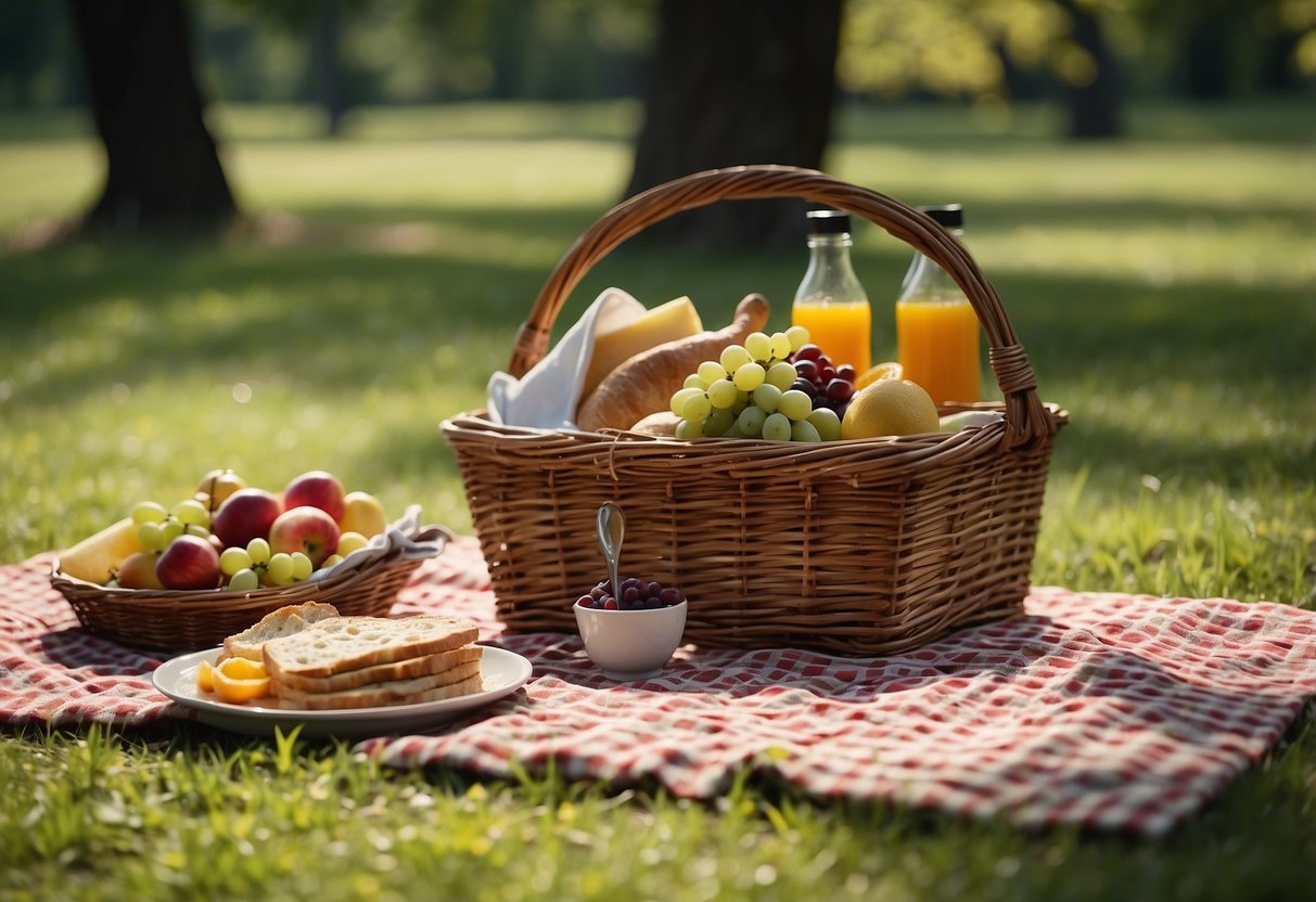 A picnic blanket spread out on green grass, surrounded by trees. A wicker basket filled with food and drinks, alongside reusable utensils and a colorful, patterned cloth napkin