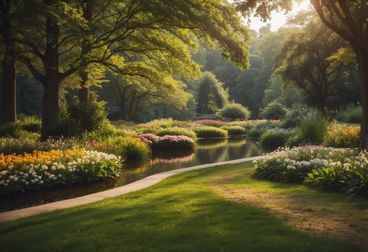 A lush green park with a winding path, tall trees, and a tranquil pond. Picnic blankets spread out on the grass, surrounded by colorful flowers and chirping birds