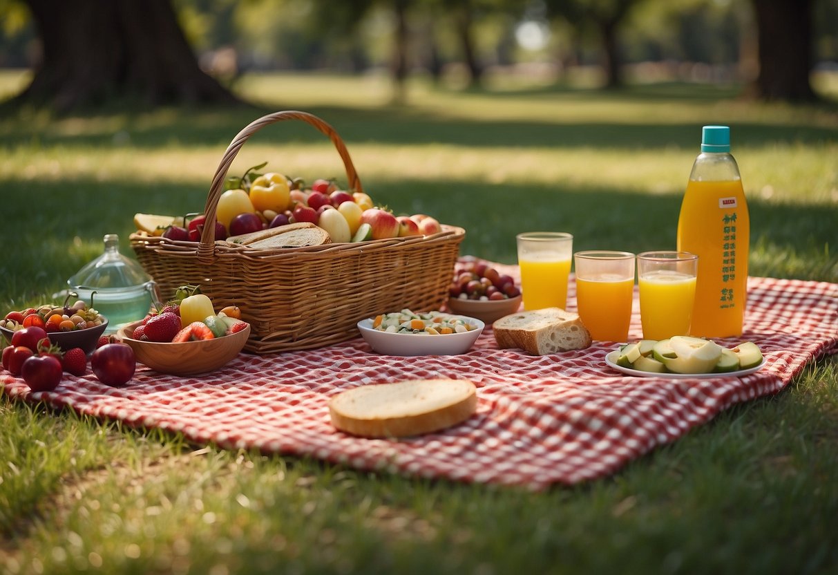 A checkered picnic blanket lays spread out under a shady tree, surrounded by a colorful array of food and drinks. A basket, sunscreen, and bug spray sit nearby