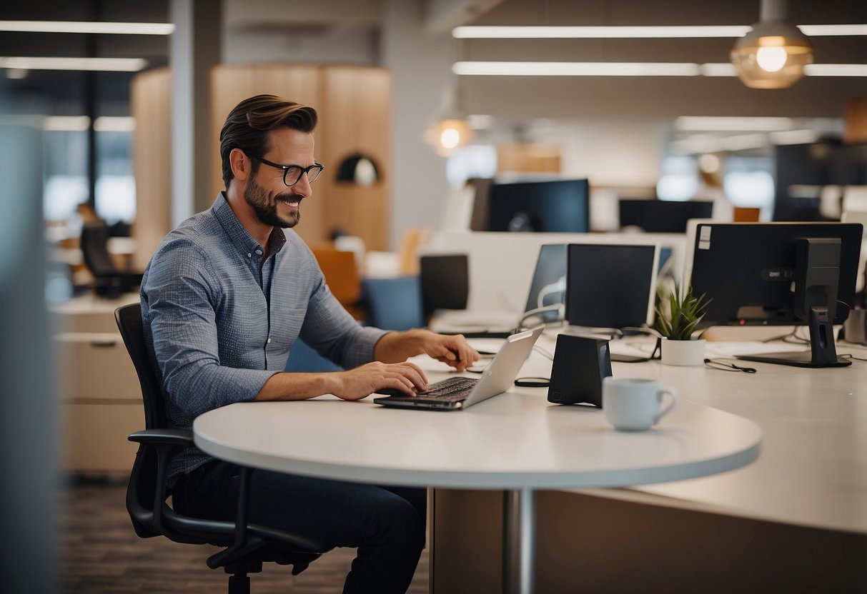 A person browsing through a variety of budget-friendly office furniture options, comparing prices and styles