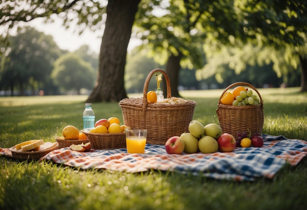 A picnic blanket spread out under a shady tree, with a basket filled with fruits, sandwiches, and a jug of water. A colorful umbrella provides shade, and a small cooler keeps drinks cold