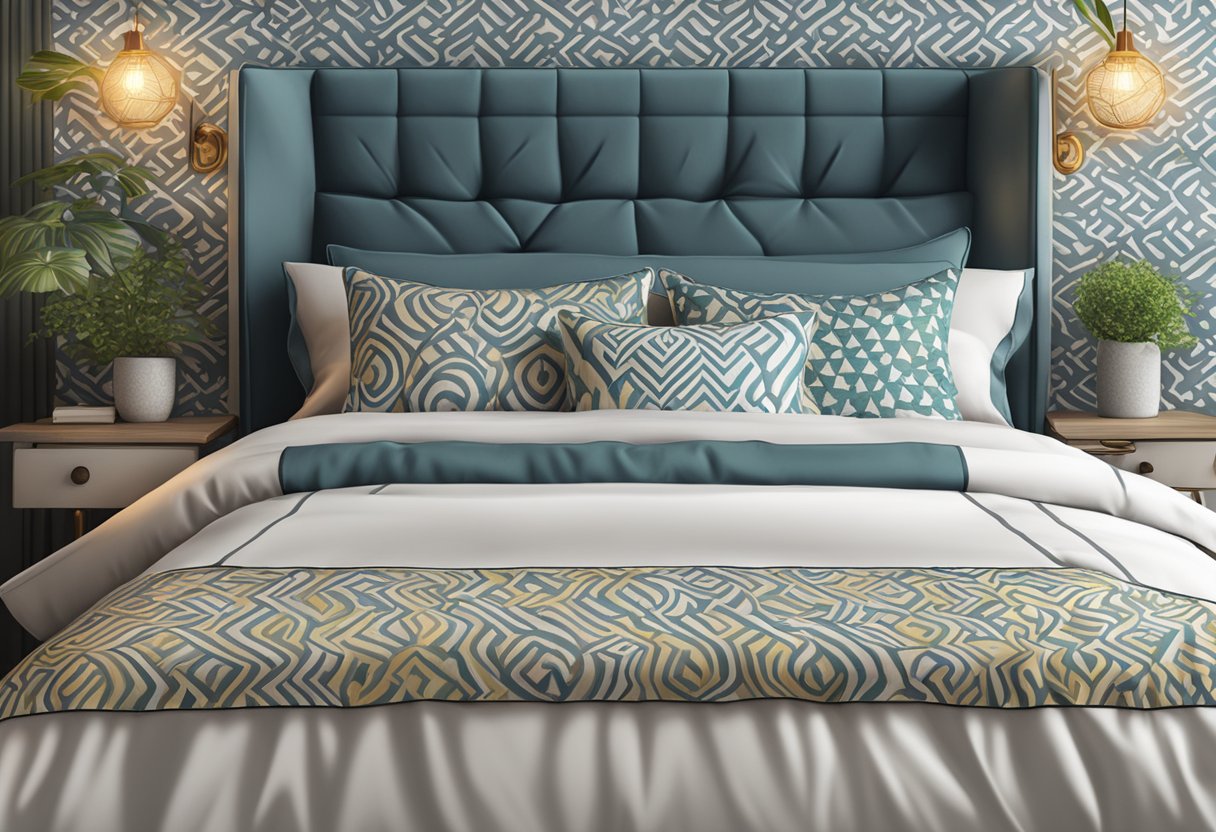 A cozy bed with a distinctive patterned duvet and matching pillows