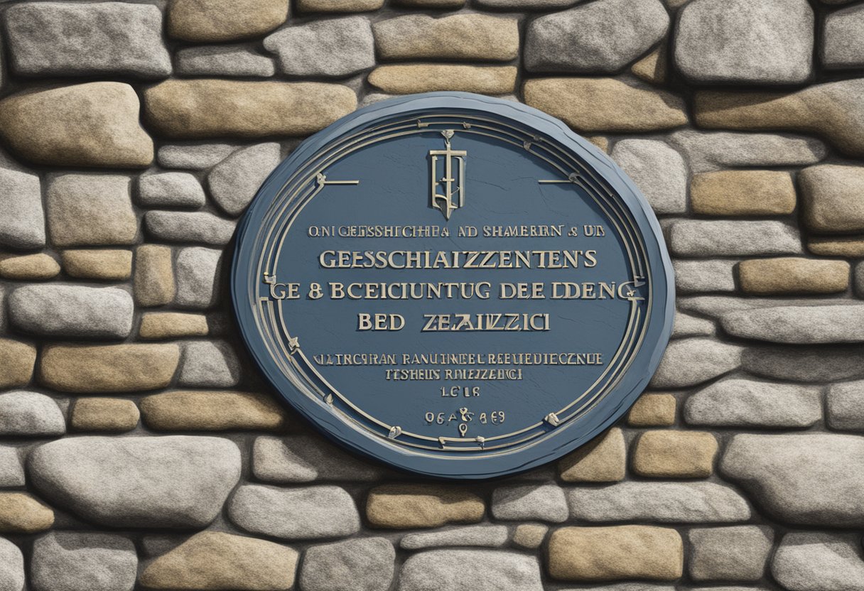 A historical plaque on a stone wall, with the words "Geschichte und Bedeutung des BED-Kennzeichens" inscribed in bold letters