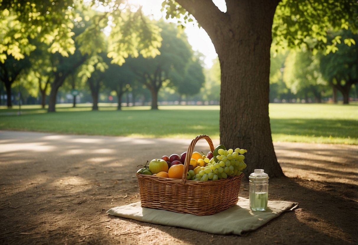 A sunny park with a checkered blanket spread out under a shady tree. A wicker basket filled with sandwiches, fruits, and drinks sits nearby. Birds chirp and a gentle breeze rustles the leaves