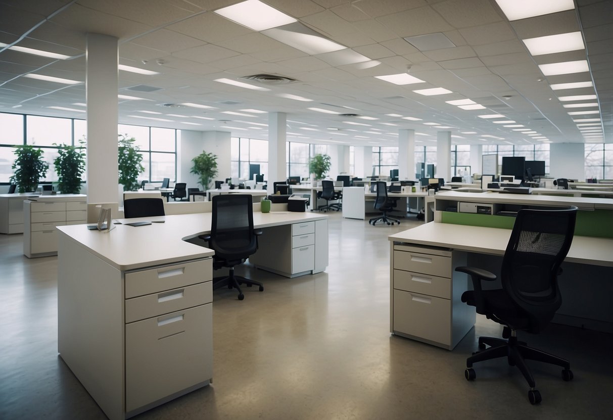 A bright, spacious office showroom with rows of modern desks, chairs, and filing cabinets. A sign displays "Practical Tips for Office Furniture Shopping."