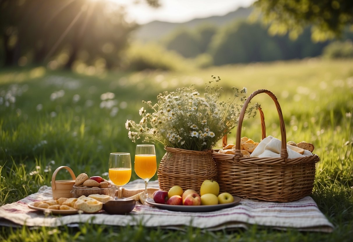 A serene meadow with a glistening stream, surrounded by lush green hills and blooming wildflowers. A cozy picnic blanket is spread out under the shade of a towering oak tree, with a wicker basket and colorful snacks arranged neatly