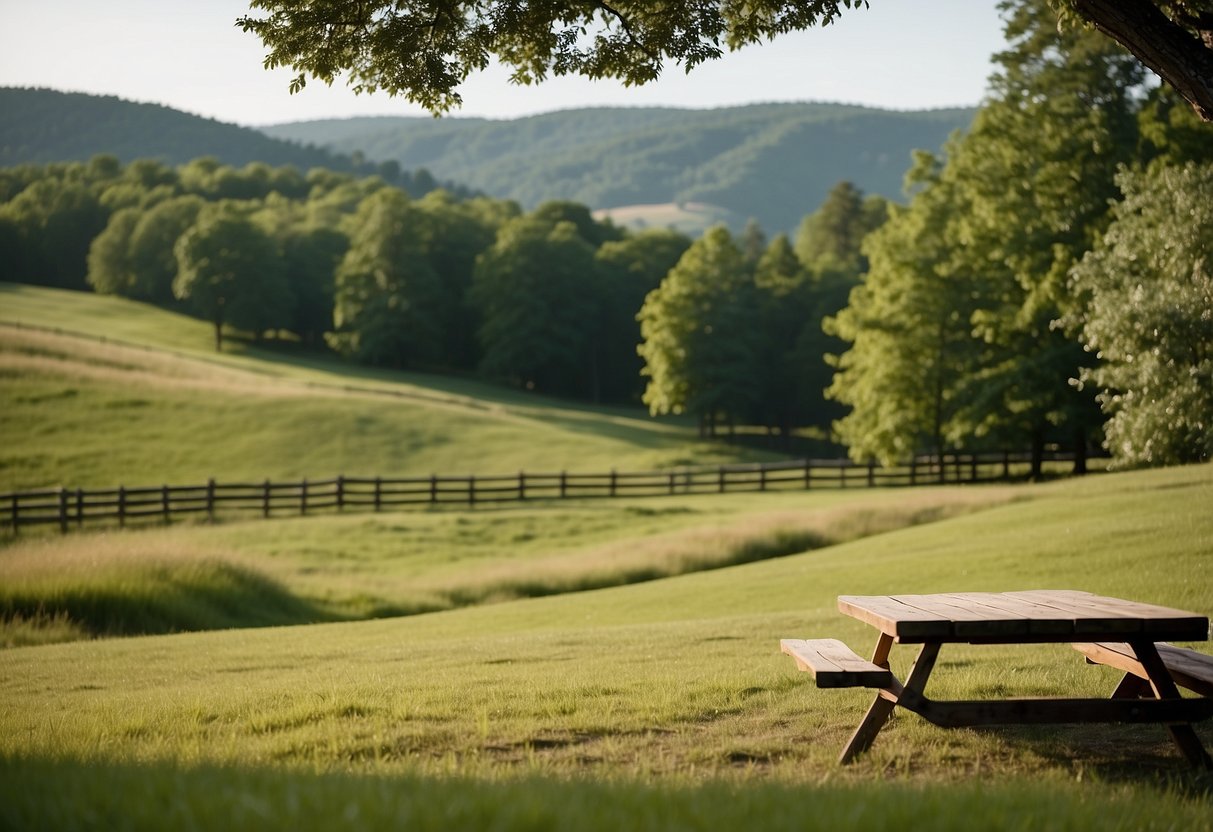 Rolling hills, lush green grass, tall cedar trees, scattered picnic tables, and a serene countryside backdrop