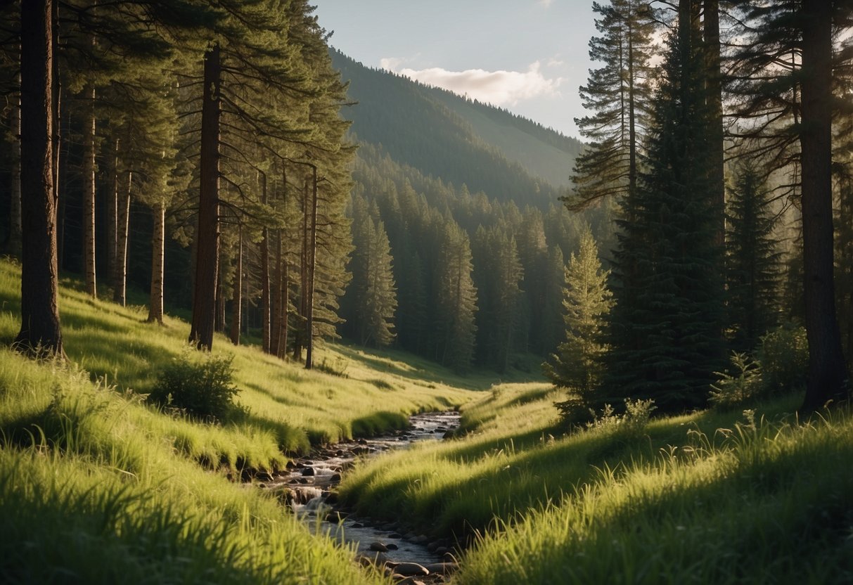 Lush green hills roll into the distance, dotted with tall, majestic pines. A tranquil stream winds through the landscape, creating perfect picnic spots under the shade of the trees