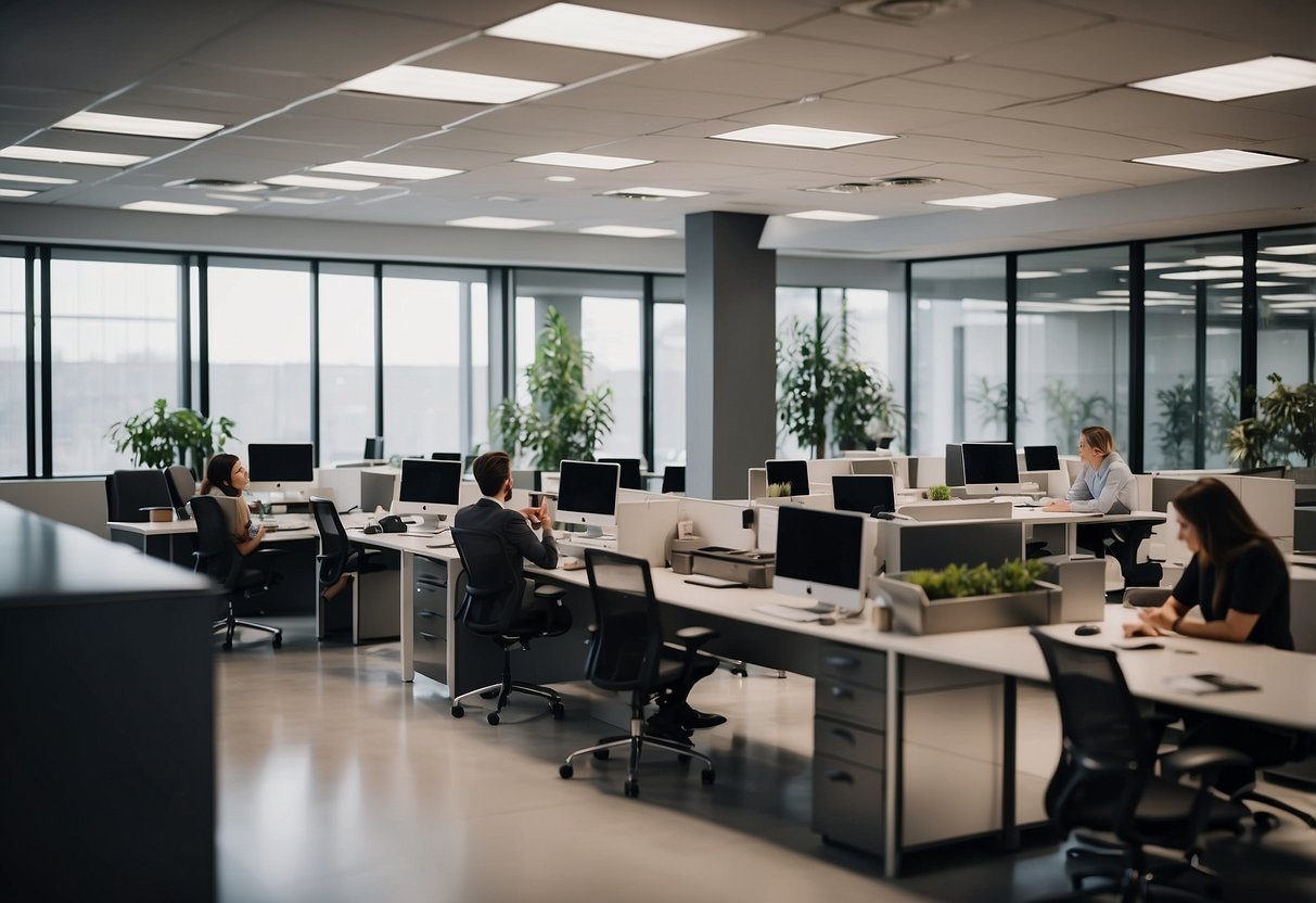 A busy office with employees browsing through a catalog of budget furniture, pointing and discussing options with each other