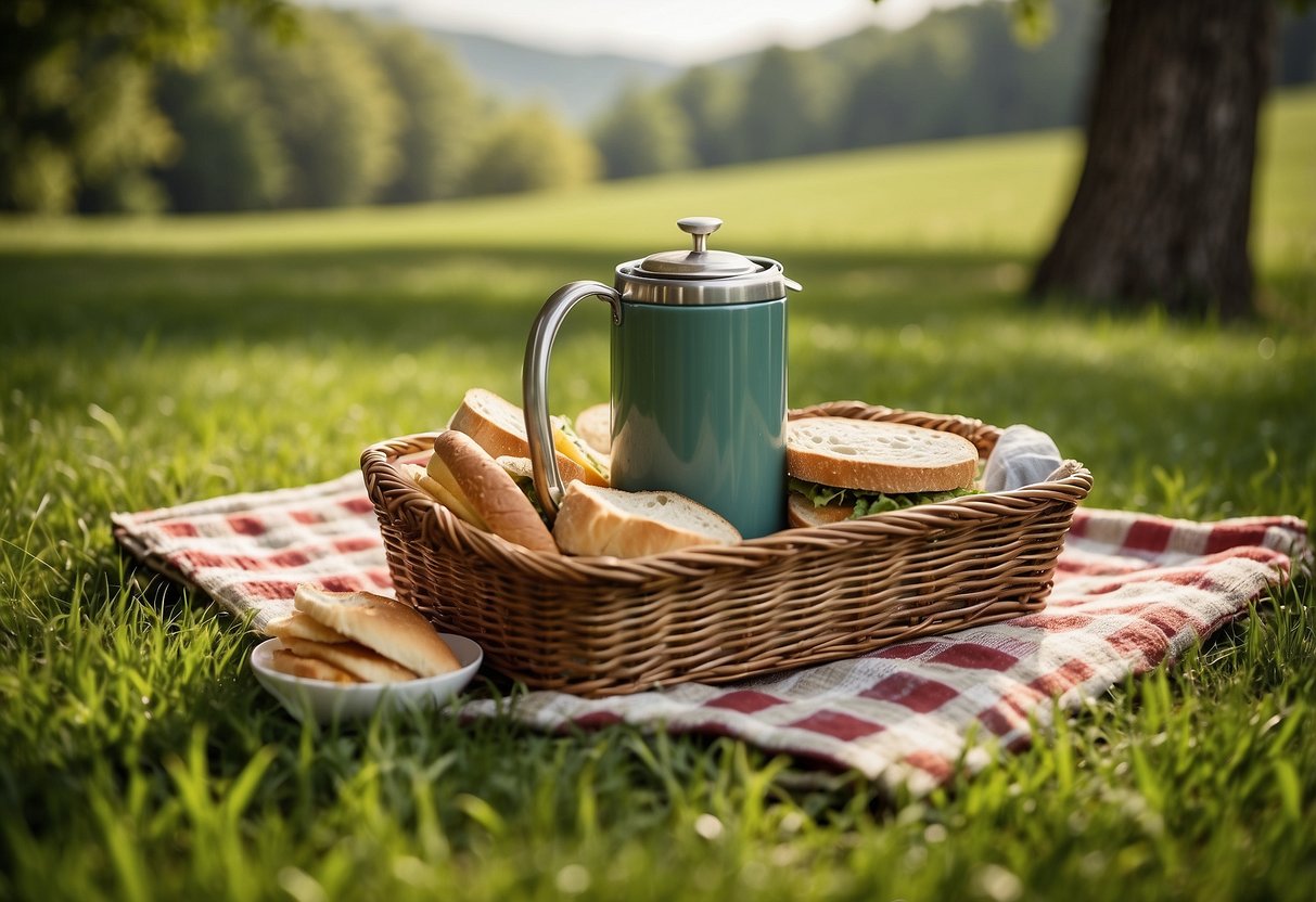 A checkered picnic blanket spread out on lush green grass, surrounded by a wicker basket, a thermos, sandwiches, and a sunhat. Trees and rolling hills in the background