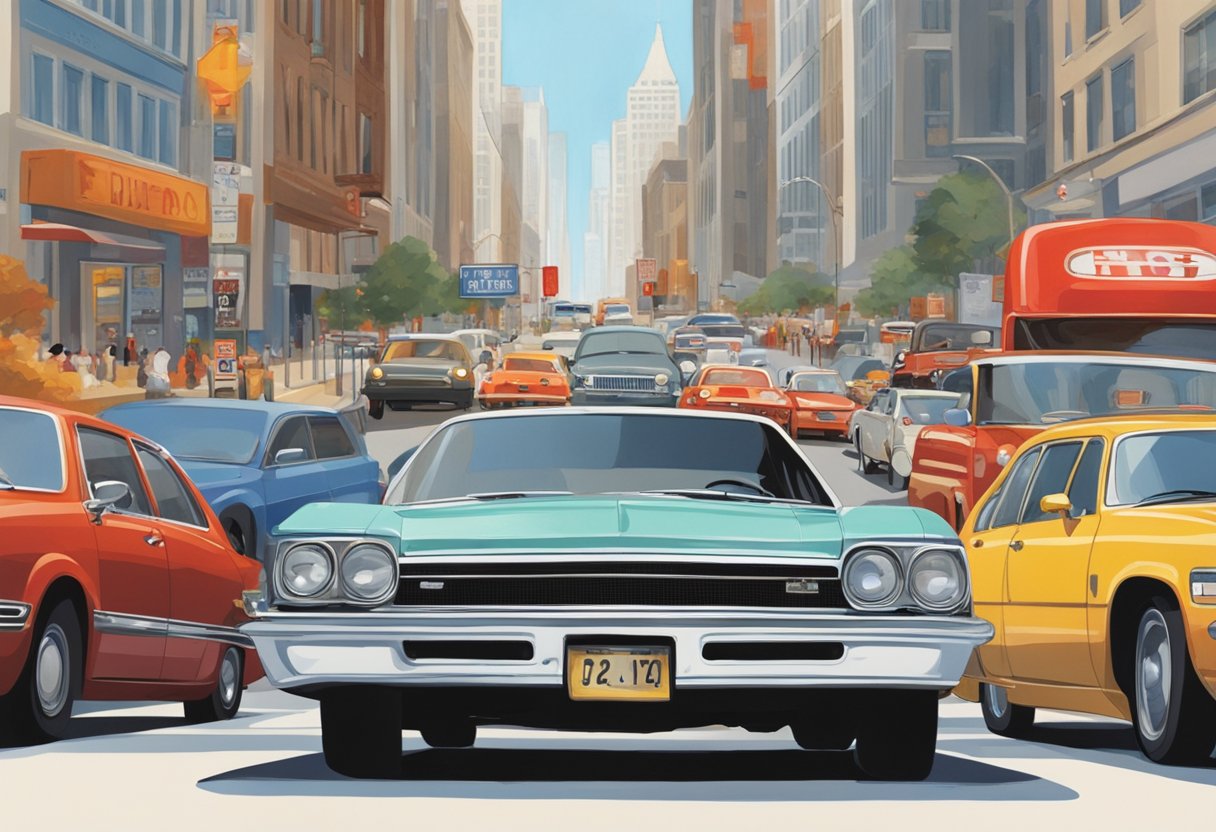 A car with the license plate "HOT" parked in a bustling city street, surrounded by other vehicles and pedestrians. The plate stands out with bold, red letters against a white background